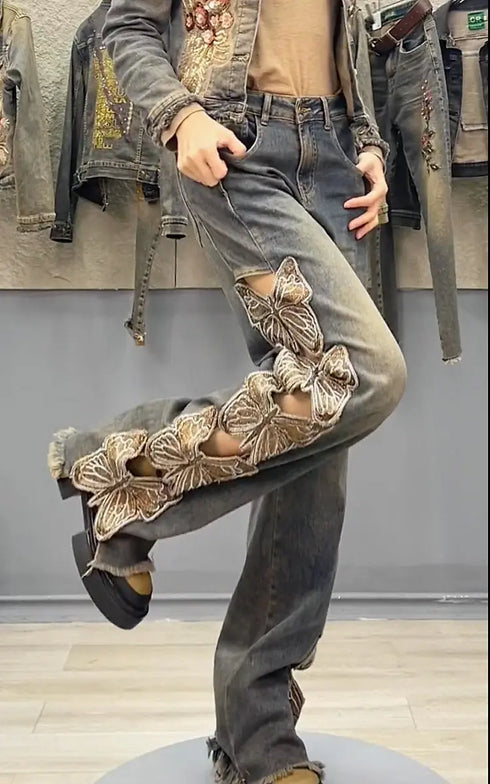 Y2K-Inspired Women's High Waist Denim Pants with Butterfly Embroidery - Loose Fit Straight Ripped Jeans Perfect for Streetwear and Fall Outfits with Jeans