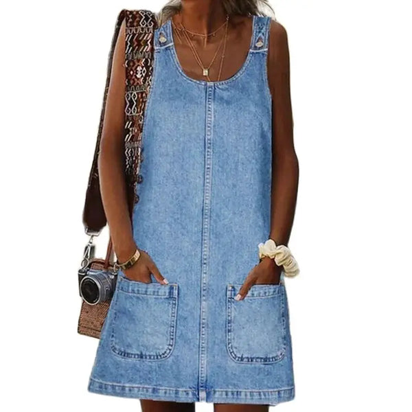 Women Denim Dress with Button Patchwork and Double Pockets for Casual Summer Wear