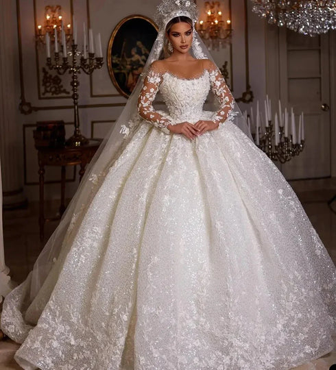 Customized Princess Wedding Dresses Vintage Bridal Gown Elegant Luxury Beading Tulle Long Sleeves