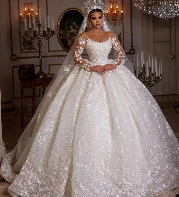 Customized Princess Wedding Dresses Vintage Bridal Gown Elegant Luxury Beading Tulle Long Sleeves