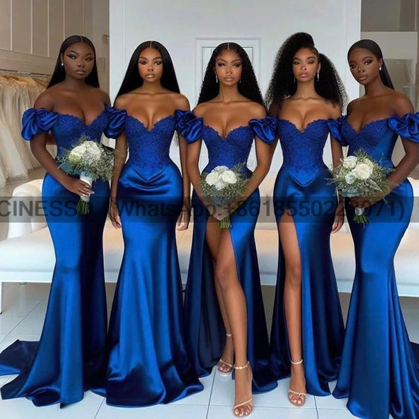 Off-Shoulder Mermaid Bridesmaid Dress Floor-Length Satin With Appliques For Maid Of Honor Wedding Party