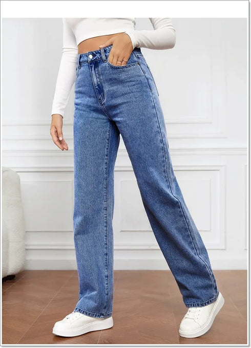 Denim Jeans Women Straight Pants High Waist Loose Basics Ankle Length Y2k Streetwear Slight Stretch