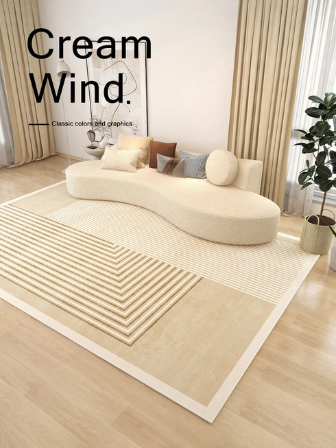 Minimalist Beige Art Stripe Carpet Soft Large Area Rug for Bedroom and Living Room Decor