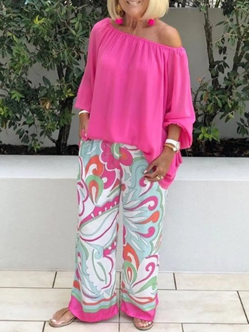 Grace One Shoulder Loose Long Sleeved T Shirt Set With Printed Wide Leg Trousers For Women