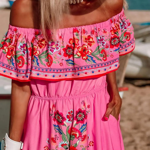 Elegant One-shoulder Short-sleeved Dress For Women Fashion Splicing Floral Print Dresses