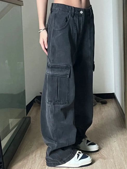 Autumn Women Harajuku Cargo Baggy Jeans Wide Leg Streetwear