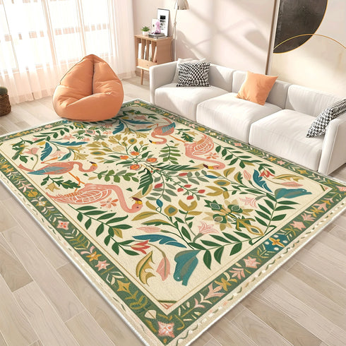 American Pastoral Style Flora Fauna Print Area Rug for Living Room and Bedroom Decor