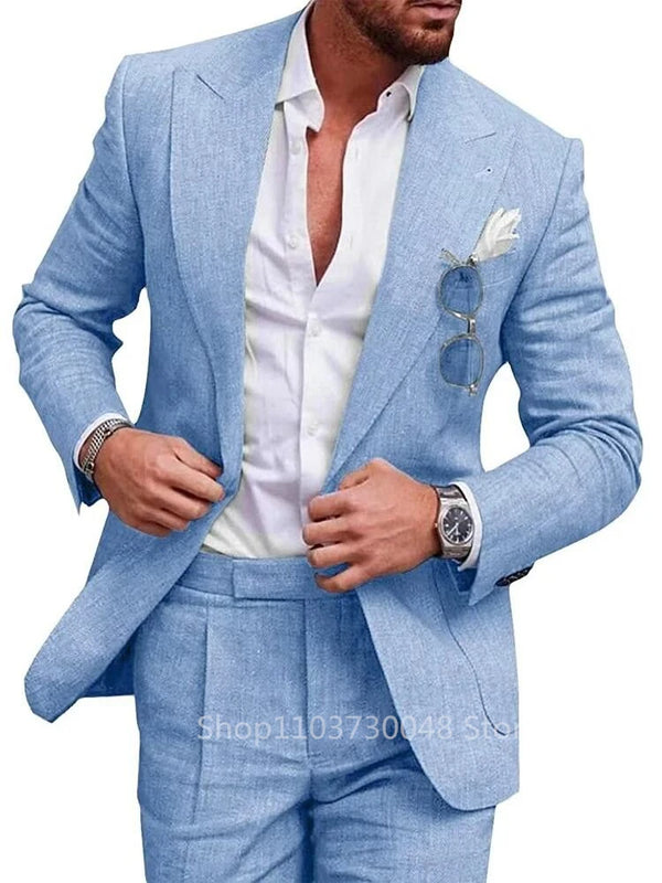 Light Linen Wedding Men Suit Casual Slim Fit Blazer Pants