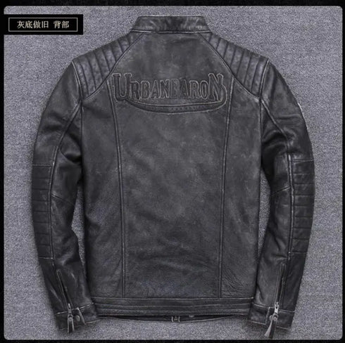Vintage Genuine Leather Biker Jacket for Men – Slim Fit Cowhide Motorcycle Outerwear with Pockets and Embroidery Details for All Seasons