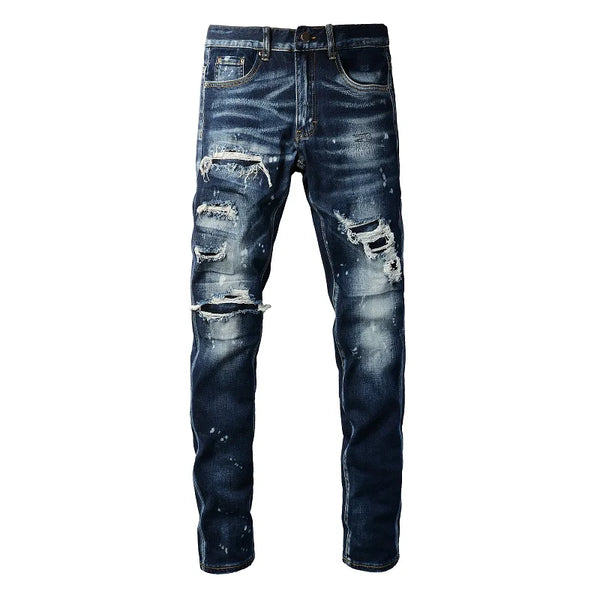 Men Holes Patchwork Denim Jeans Tapered Skinny Streetwear