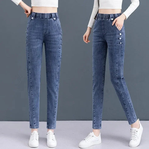 Harem Style Printed Jeans For Women Elastic Waist Denim Pants Casual Loose Relaxed Fit