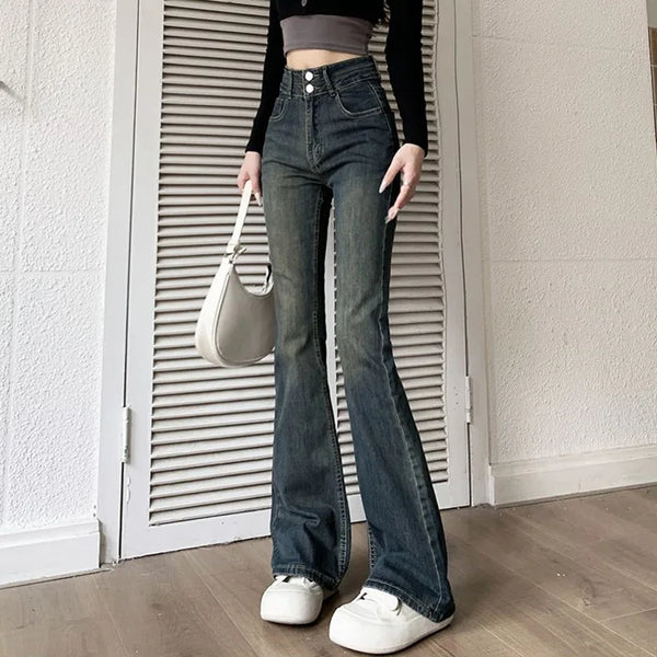 High Waist Flared Jeans For Women With Button Details And Straight Leg Denim Pants For Everyday Casual