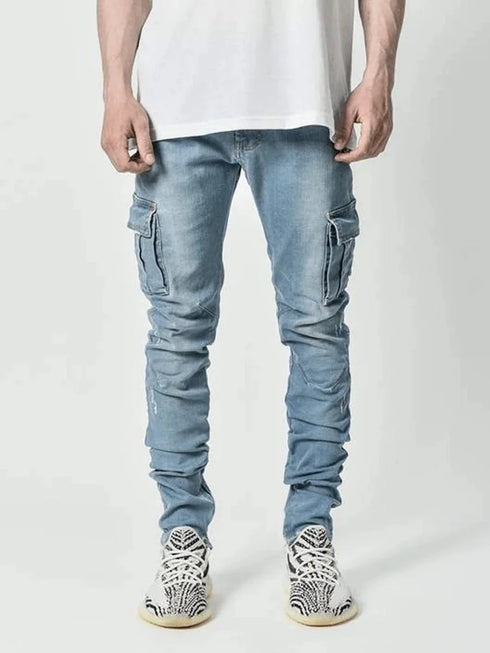 Men's Fashion Elastic Slim Fit Cargo Denim Pants Multi Pockets Casual Skinny Trousers
