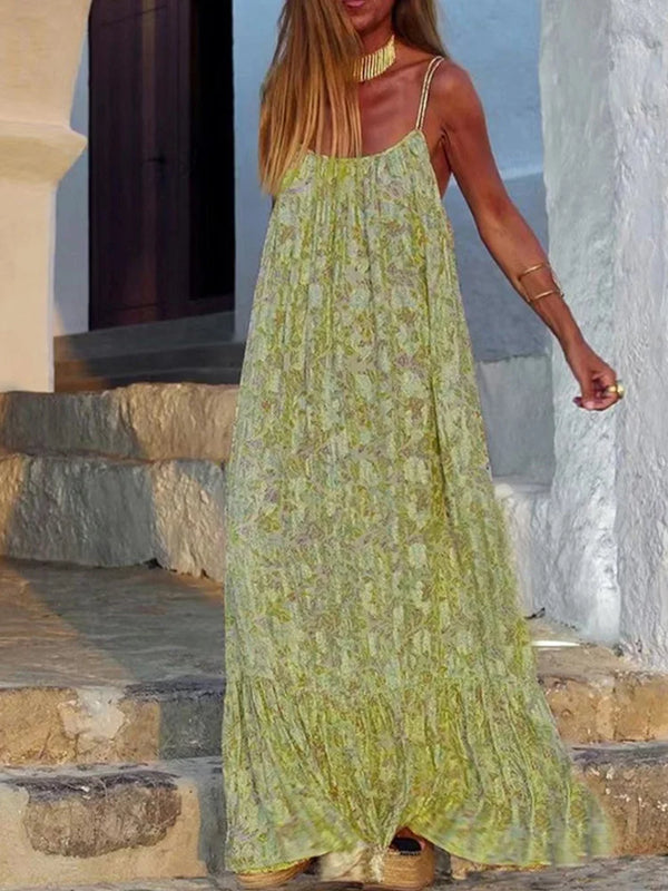 Women's Fashion Retro Loose Print Sling Dress Beach Maxi Dress