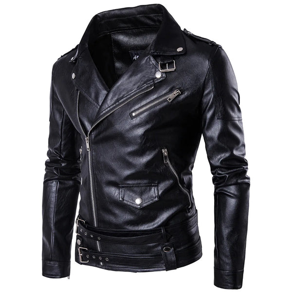 Men's Slim Fit PU Leather Motorcycle Jacket - Casual Autumn and Winter Solid Color Outerwear with Turn-down Collar and Full Sleeves