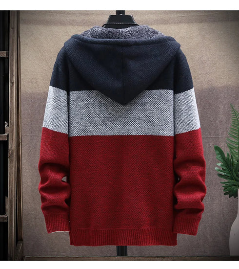 Men's Fleece Knit Sweater Coat with Stripes - Stylish Casual Jackets and Hoodies for Winter and Autumn, Thick Warm Windbreaker Pullovers for Everyday Wear