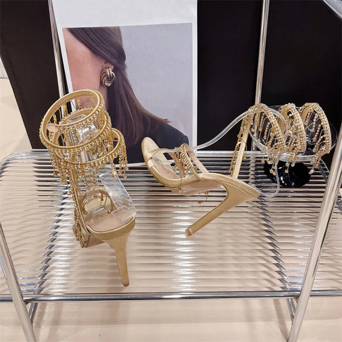 Elegant Crystal Tassel Stiletto Sandals Women Heels