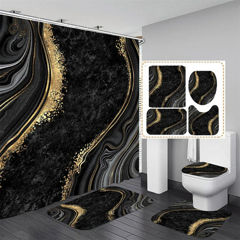4 Piece Doormat Shower Curtain Set with Non-Slip Rugs Toilet Seat Cover and Bath Carpet for Bathroom Decor