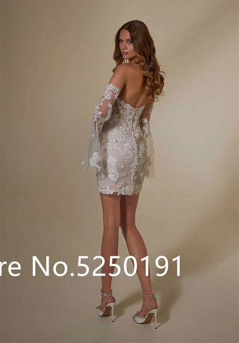 Popular Sweetheart Full Lace Short Sheath Wedding Dresses With Detachable Train 2 In 1 Bridal Gown