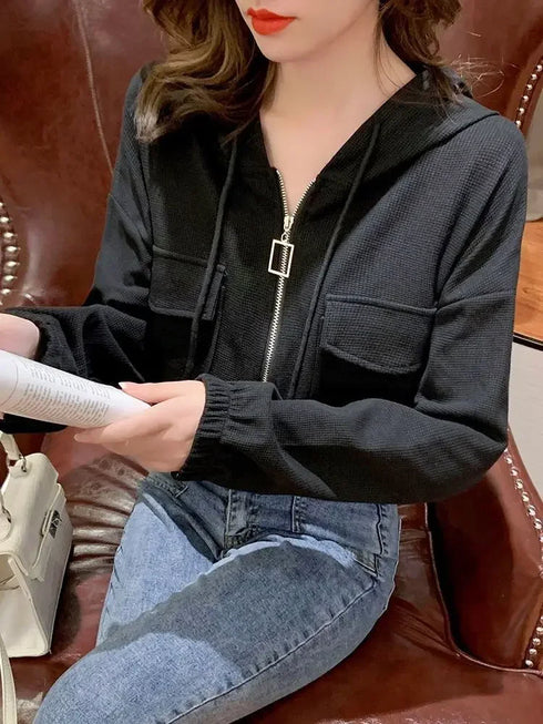 Hooded Spring Jacket for Women Short Summer Thin Zipper Cardigan Loose Work Casual Top