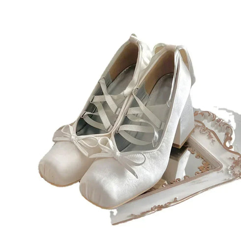 Elegant Chunky Heels Lolita Pumps for Women - Lace-Up Ballet Style Single Shoes for Spring and Autumn Parties, Fashionable French-Inspired Footwear with Square Toe and Super High Heel