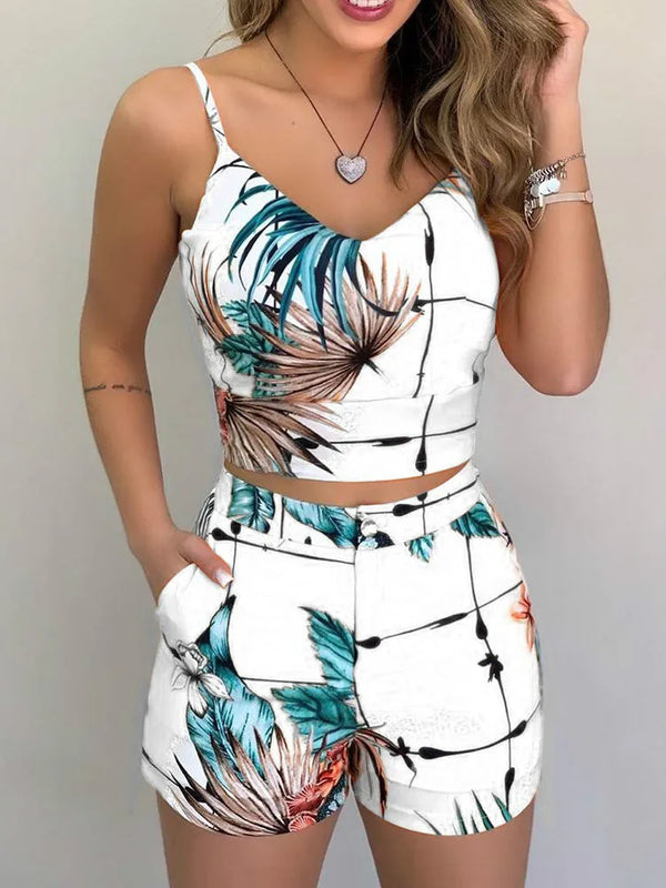 Print Spaghetti Strap Crop Top & Short Sets Casual Summer Outfits for Women