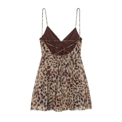 TRAF Women's Vacation Style Printed Silk Mesh V Neck Halter Mini Dress