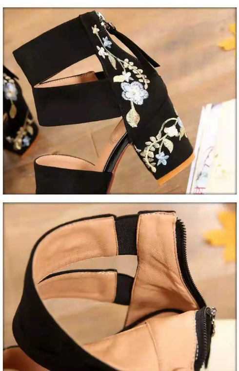 Embroidered Vintage Mid Heel Summer Sandals For Women