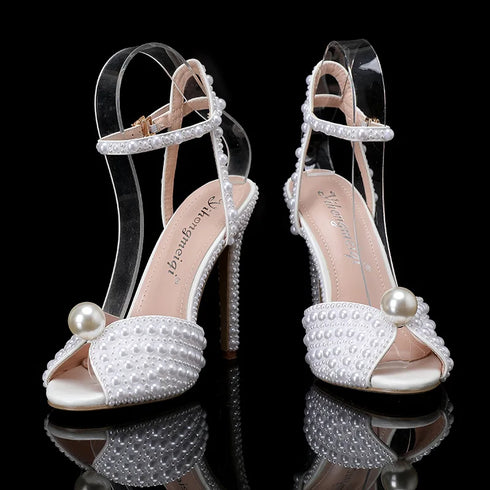 Elegant Women’s Gladiator Sandals with Luxury Pearls and Studs – Chic Peep Toe High Heels for Weddings and Special Occasions