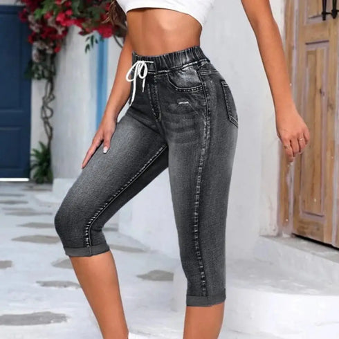 Casual Summer Denim Jeggings for Women - Stylish 3/4 Short Jeans Pants and Breeches with High Waist Design - Perfect for Vintage Mom Looks and Harajuku Fashion - Trendy Black Jeans Outfit Inspo