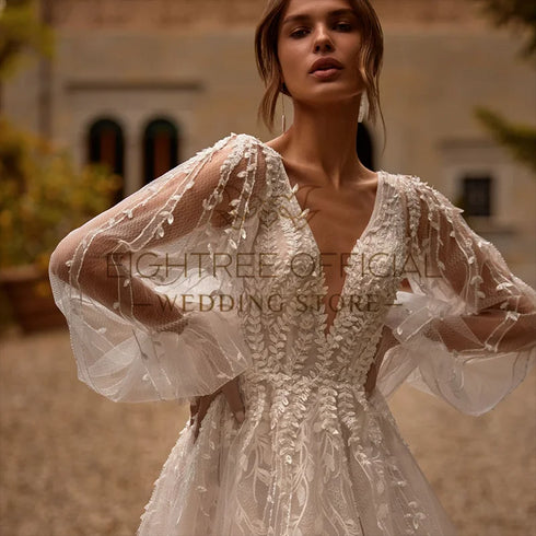 Eightree Elegant Wedding Dresses A-Line V Neck Puff Sleeve Gowns