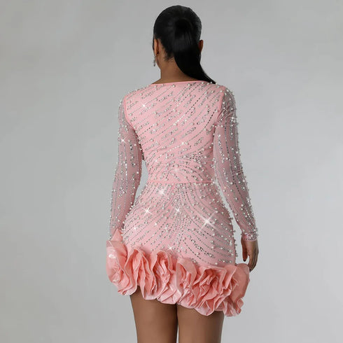 Long Sleeve V Neck Transparent Club Dress with Diamonds