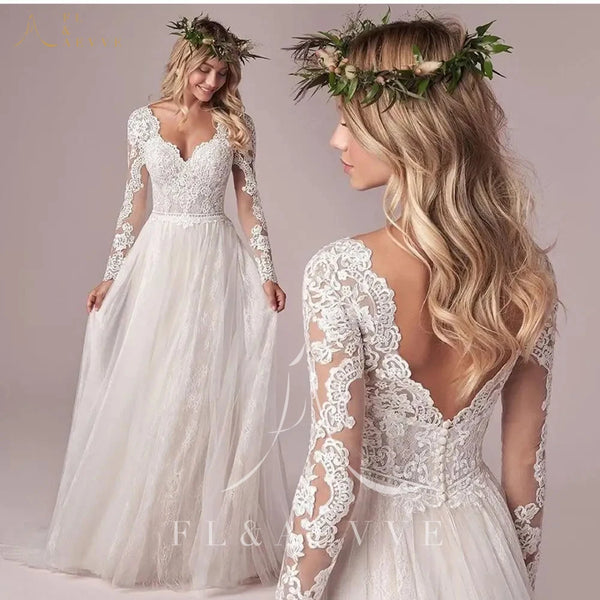Bohemian Long Sleeves Wedding Dress Corset Low Back Gown