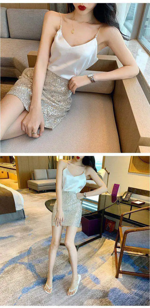 Satin Silk Backless Halter Crop Top for Women - Stylish Sleeveless Camisole Perfect for Summer Parties and Clubbing - Trendy Tank Top with Beaded Decoration and Open Back Design