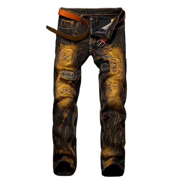 Patchwork Ripped Casual Jeans Men's Street Wear Distressed Denim Trousers