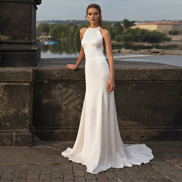 Halter Lace Back Wedding Dress Satin Floor Length Bridal Gown With Lace Applique Illusion Back