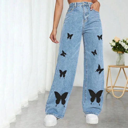 Fall Trousers High Waist Butterfly Print Y2K Jeans Casual Fashion Loose Denim Pants