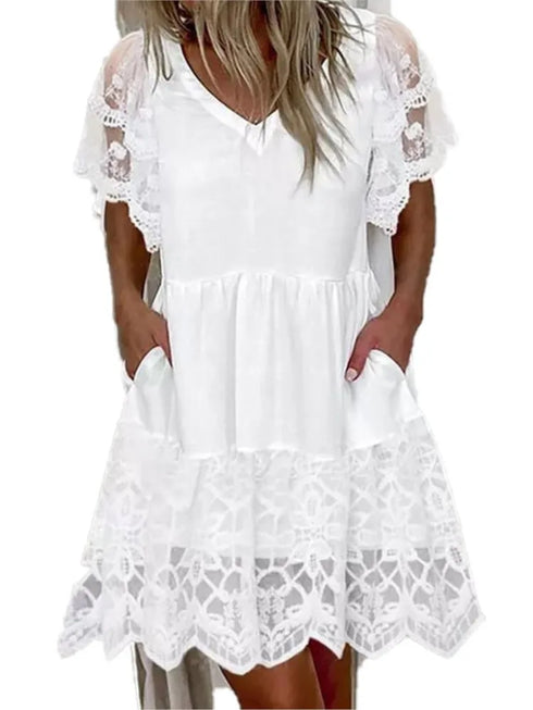 Lace Patchwork A-Line Dress for Women Casual V-Neck Short Sleeved Beach Fashion