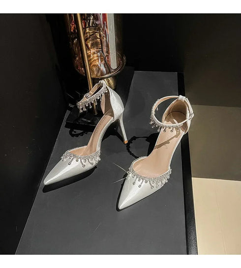 Comemore White Wedding Bridesmaid Satin Pumps with Rhinestones