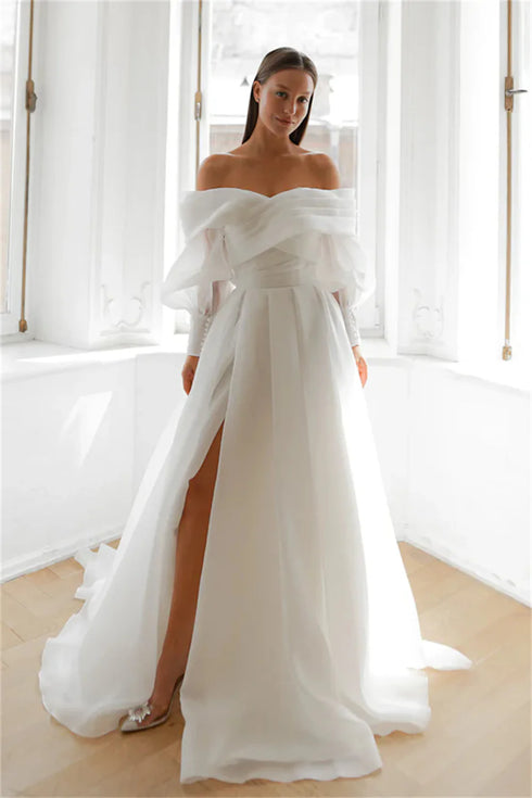 Elegant Off The Shoulder Pleat Sweetheart Wedding Dresses with Long Puff Sleeves and Side Slit