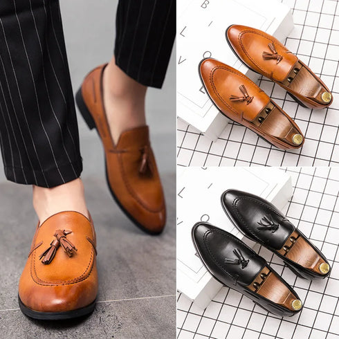 Elegant Slip-On Loafers for Men - Classic Italian Formal Evening Dress Shoes, Luxury Leather Wedding Footwear, Pointed Toe Design, Perfect for Spring and Autumn Occasions