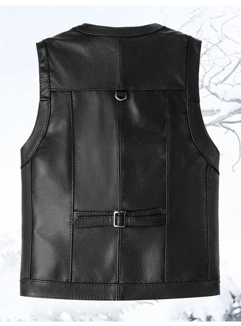Men's Genuine Cowhide Leather Vest - Slim Fit Multi Pocket Zipper Waistcoat for Spring and Autumn Casual Wear