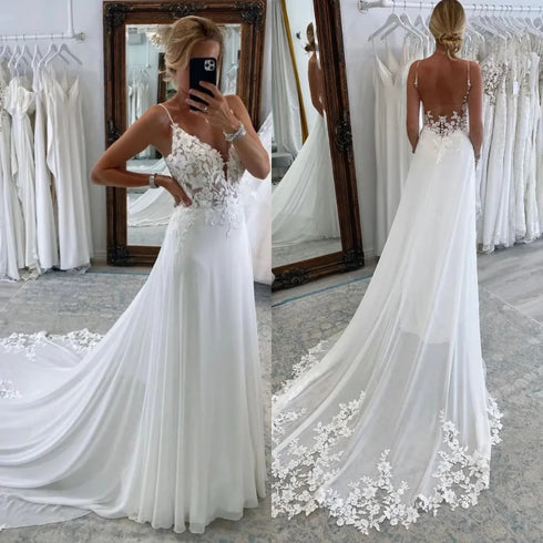 Beach Wedding Dress A Line Chiffon V Neck Backless Embroidered Appliques Boho Gown