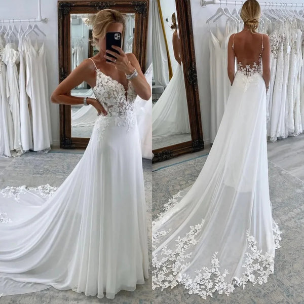 Beach Wedding Dress A Line Chiffon V Neck Backless Embroidered Appliques Boho Gown