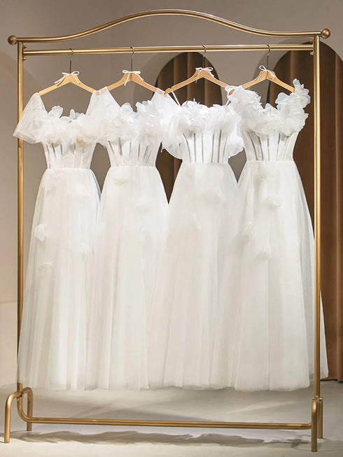 Backless A-Line Bridesmaid Dress With Puff Flower Appliques And Tulle Ankle-Length