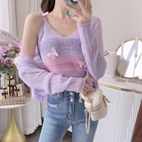 Butterfly Striped Knitted Tank Top for Women – Sweet V Neck Sleeveless Slim Camisole Perfect for Summer Outings and Cute Tops Enthusiasts