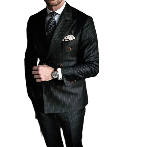 Luxury Black Double Breasted Suit for Men Elegant 2 Piece Jacket and Pants