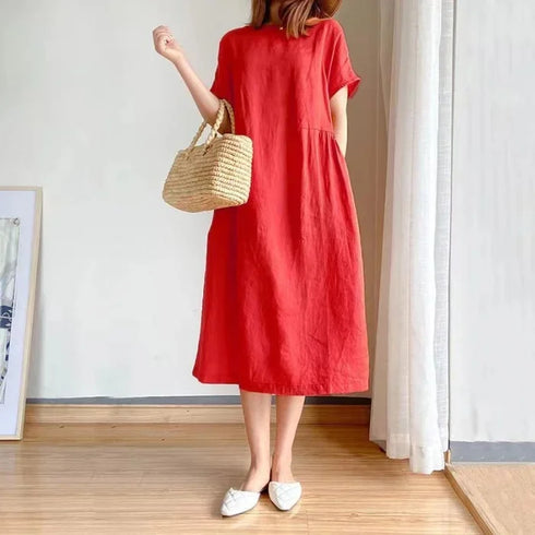 Loose Fit Slimming Cotton Linen Dress for Women Summer Plus Size Mid-Length Skirt
