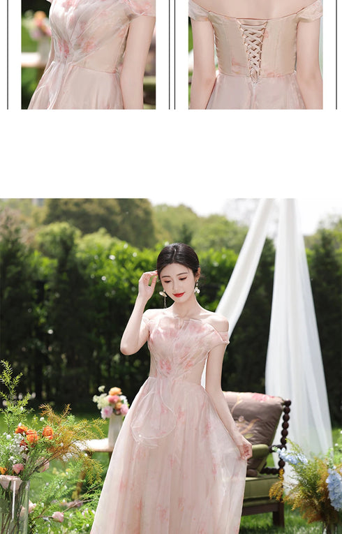 Off Shoulder Bridesmaid Dress Elegant Bubble Sleeve Floral Print Aline Gown For Party