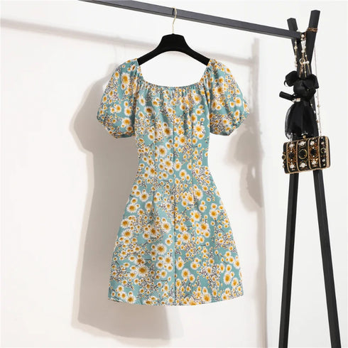 Floral Chiffon Mini Dress for Women with Puff Sleeves and Shirring Details